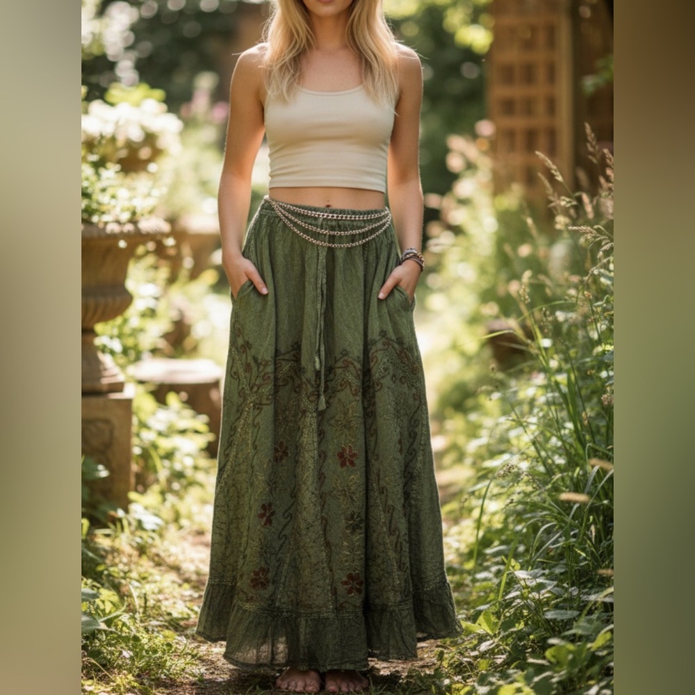 Chic Olive Maxi Skirt with Floral Accents - Picture 10 of 12